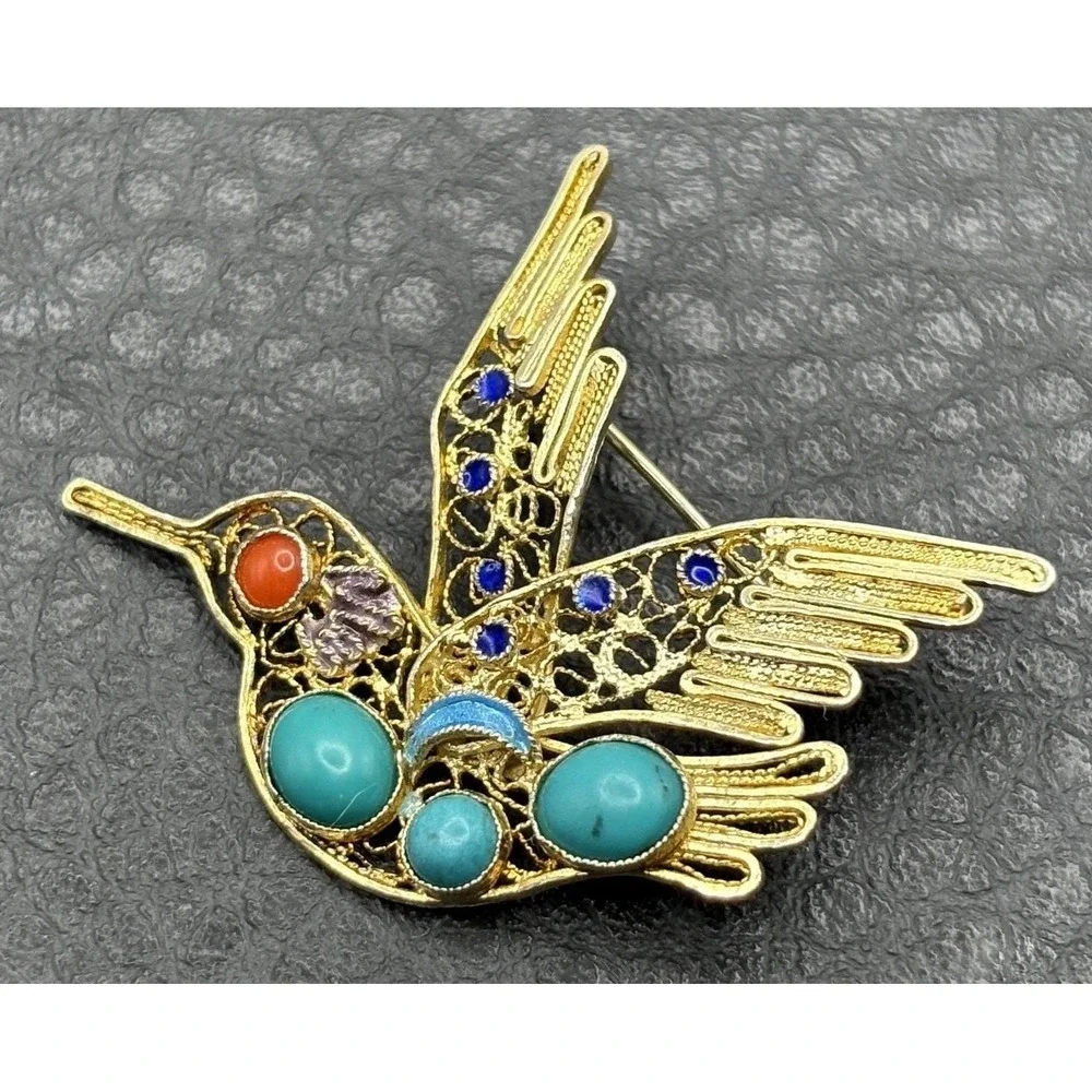 VTG Hummingbird Brooch Vermeil 925 Sterling Silver Turquoise Coral Blue Enamel